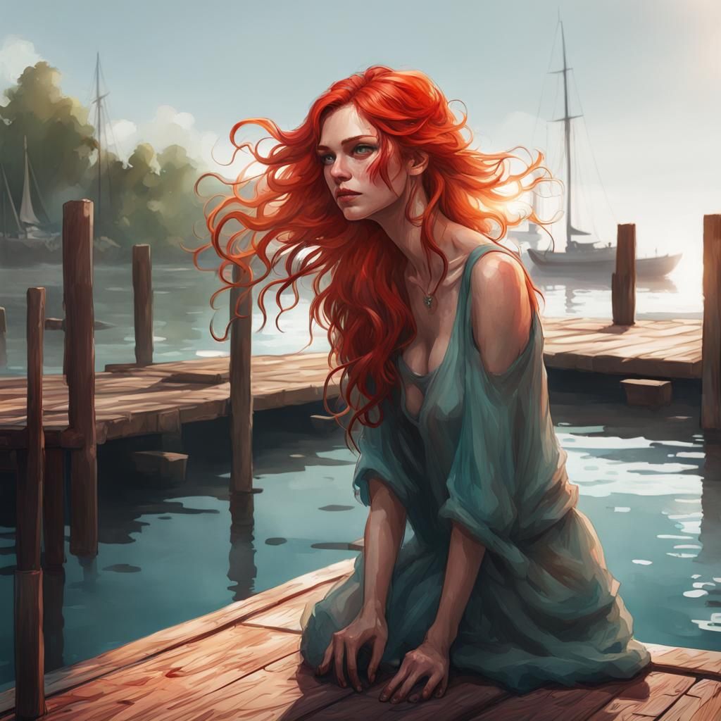 Watercolor Red-Haired Woman on Dock