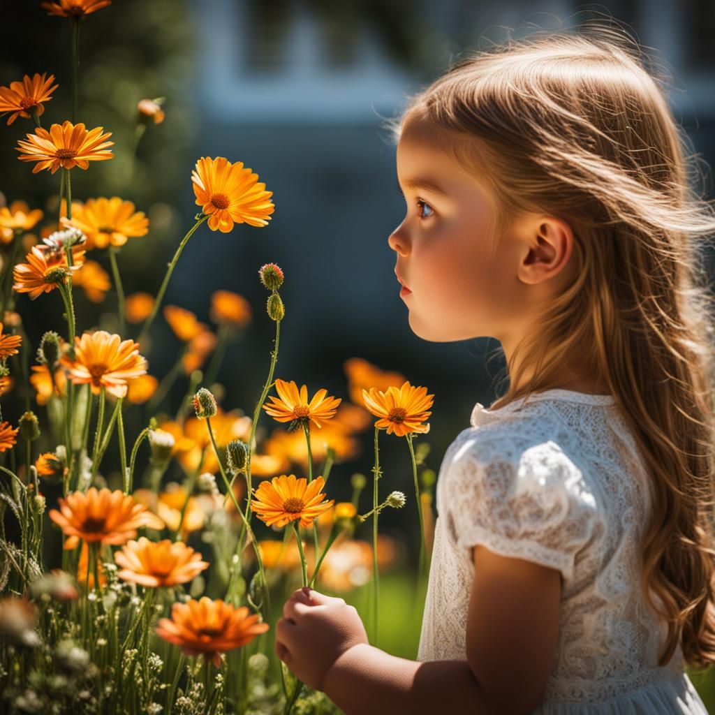 Little Girl Gazing into Magic Mirror with Flowers