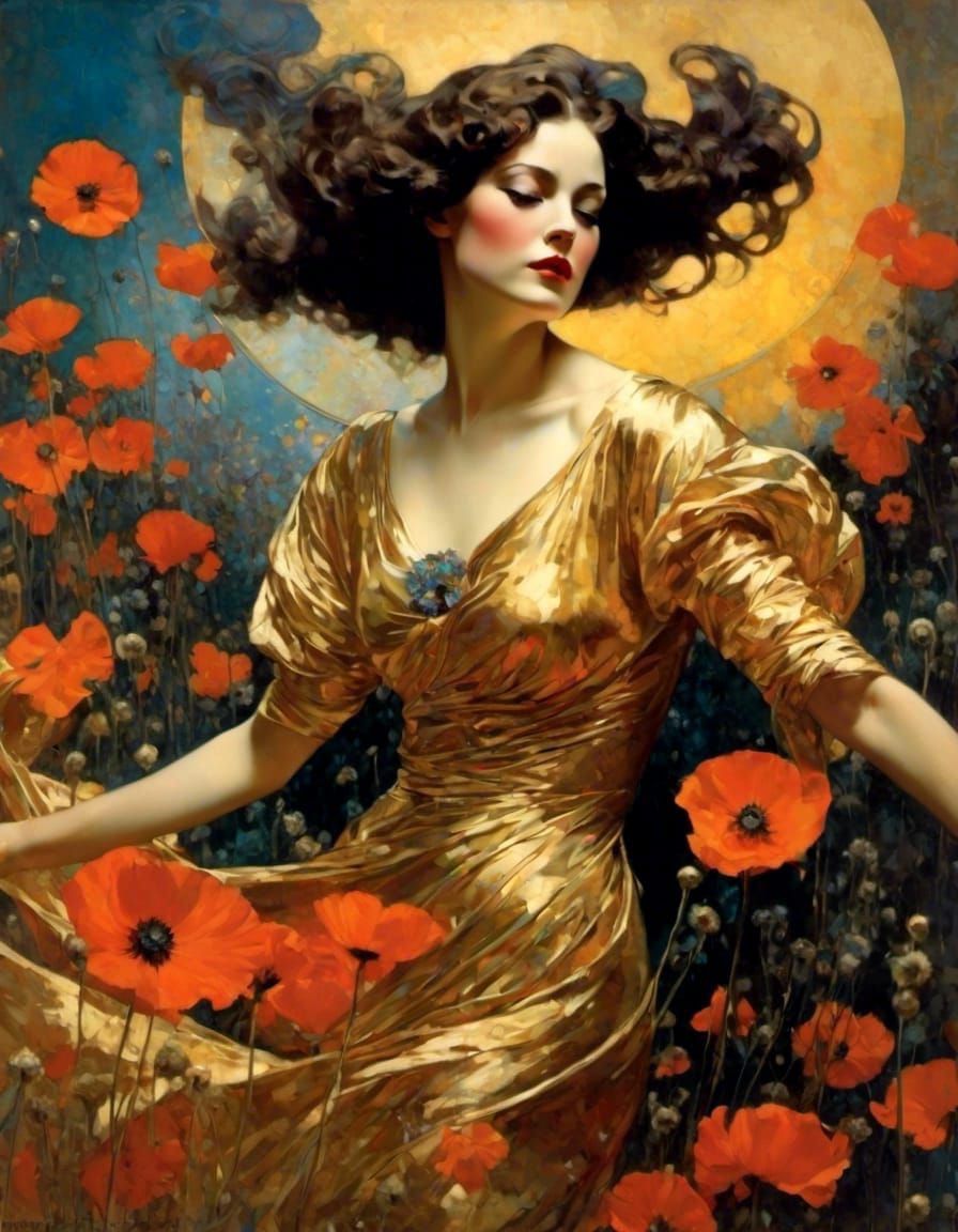 Golden Age Dancer in Iridescent Floral Sunset