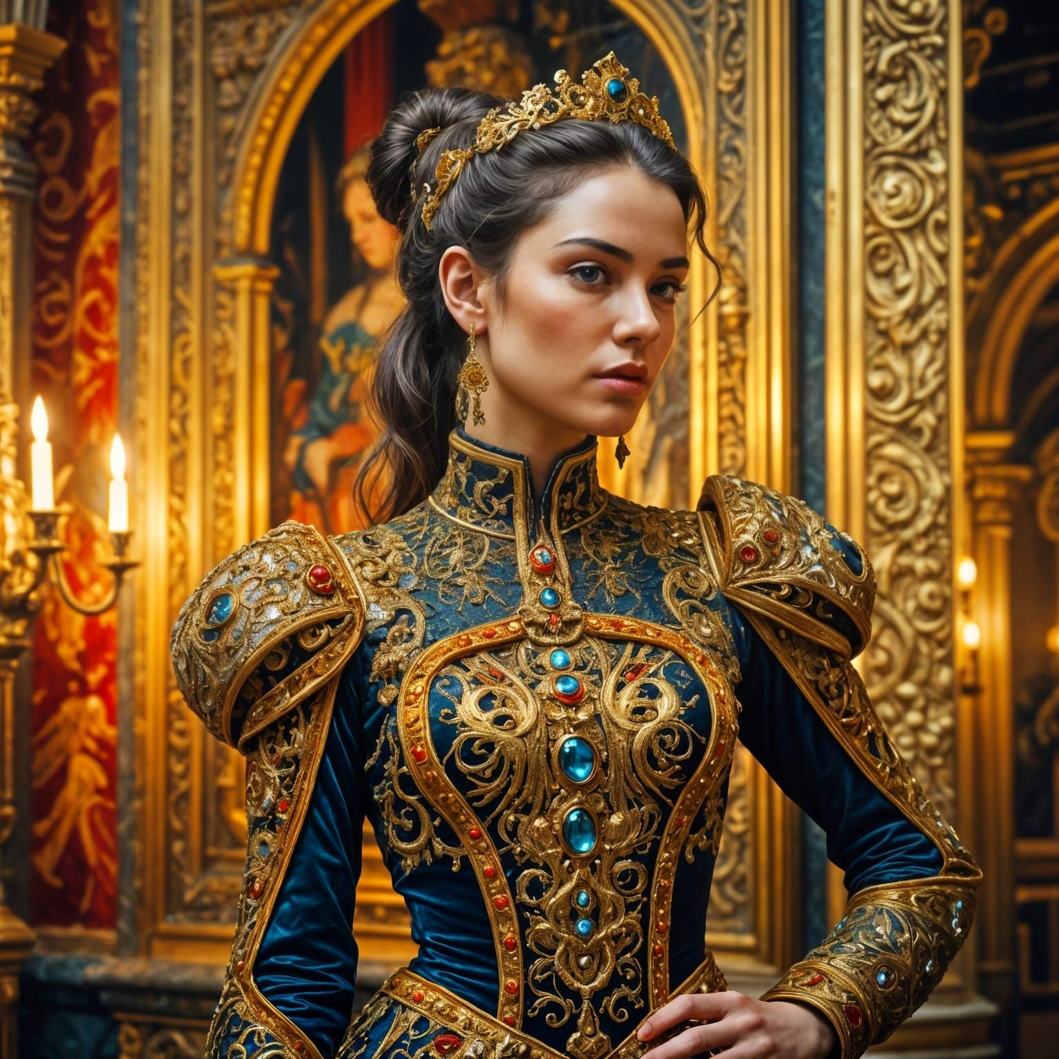Ornate Cyberpunk Dress in Medieval Oil Painting