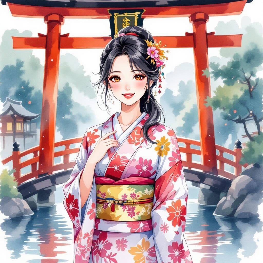 Woman in Kimono at Shrine in Watercolor Style
