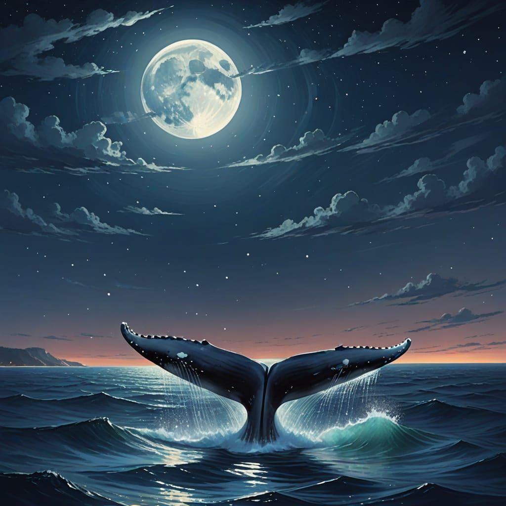 Whale Tail Under Moonlit Sky: Impressionist Digital Painting