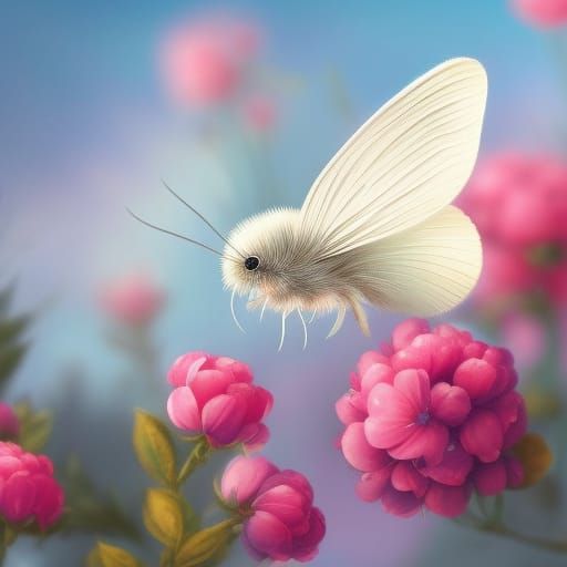 Adorable White Moth on Pink Flower, Digital Art