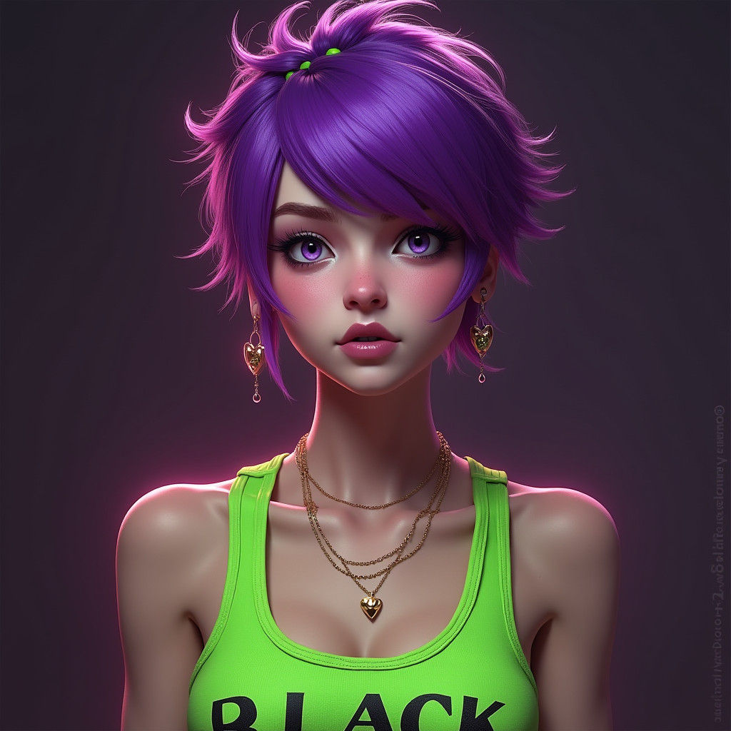 Purple Pixie Woman in Green Tank Top