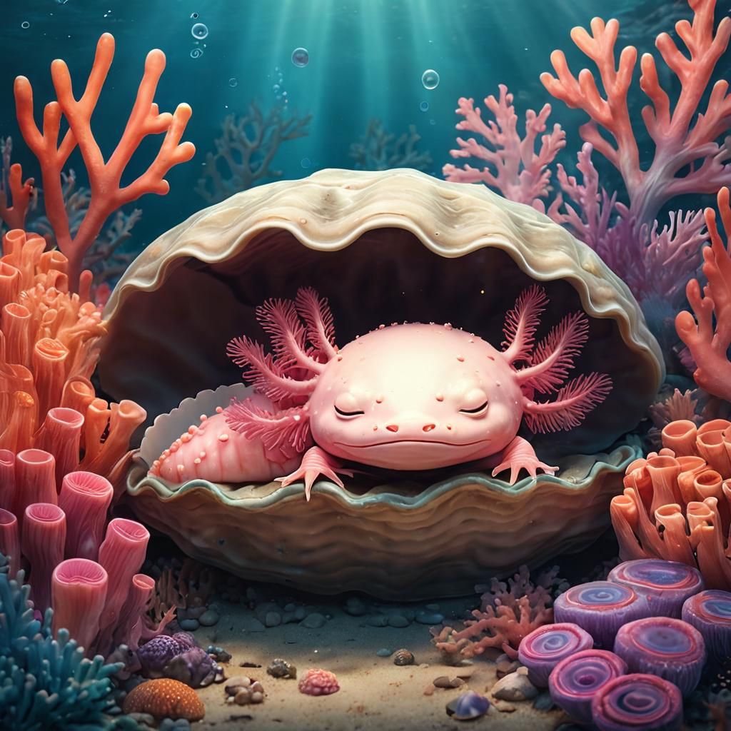 Sleeping Axolotl in Surreal Underwater Scene