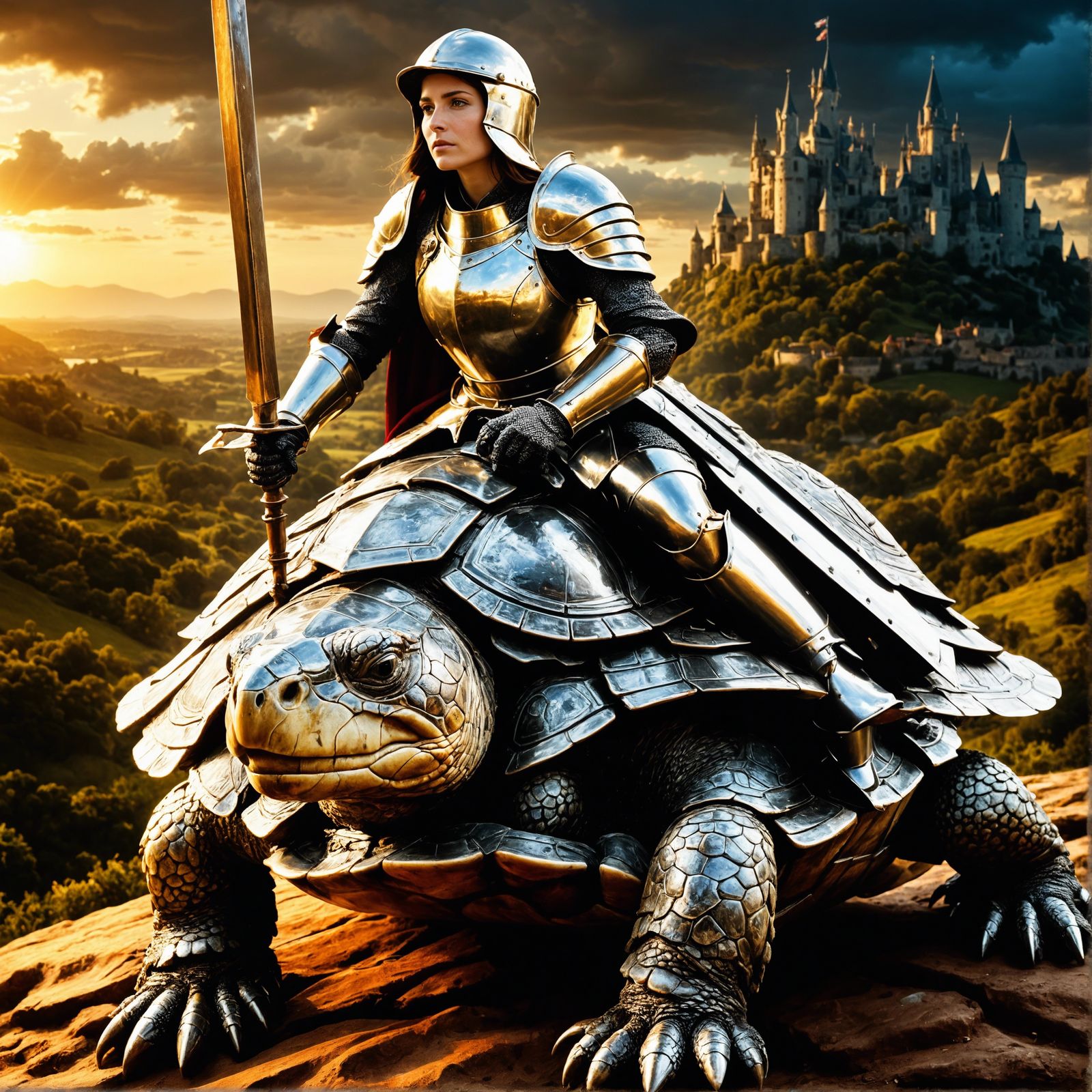 female knight riding a turtle.