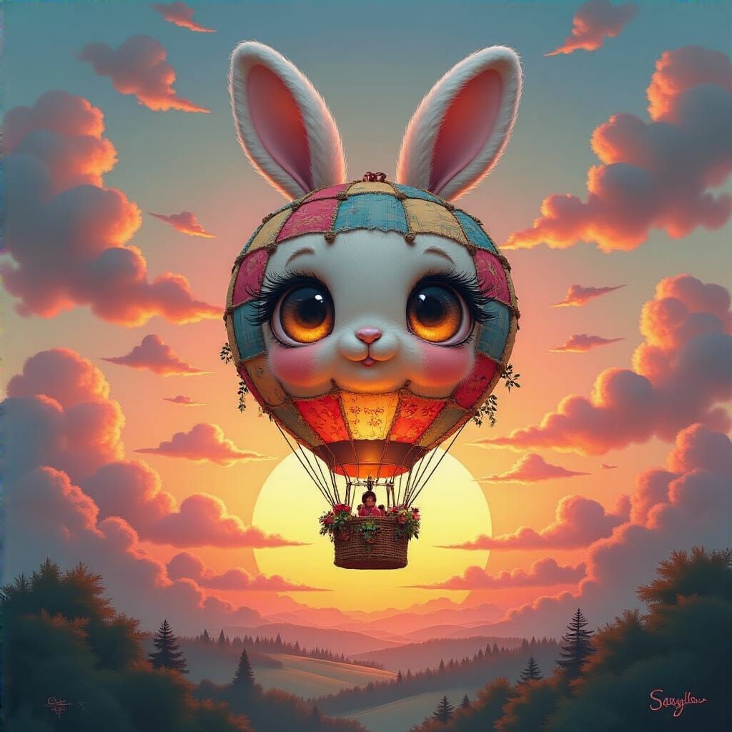 Whimsical Rabbit Hot Air Balloon at Vibrant Sunset