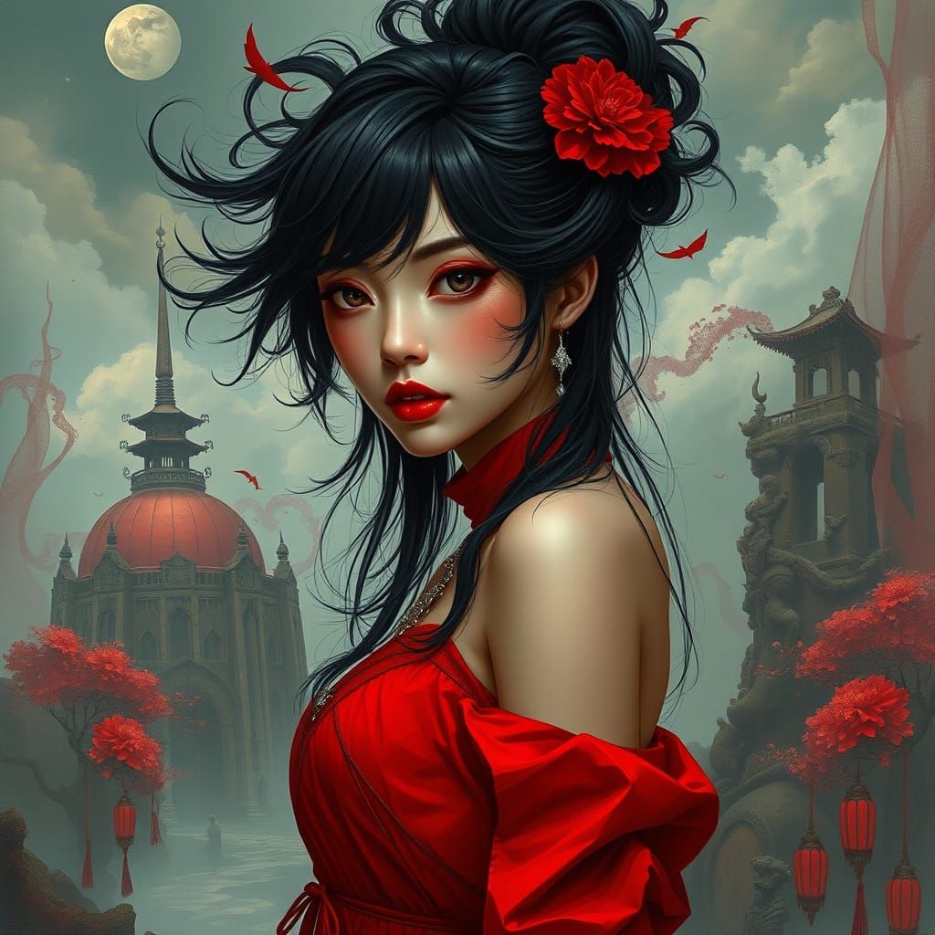 Gothic Asian Woman in a Surreal Fantasy Realm