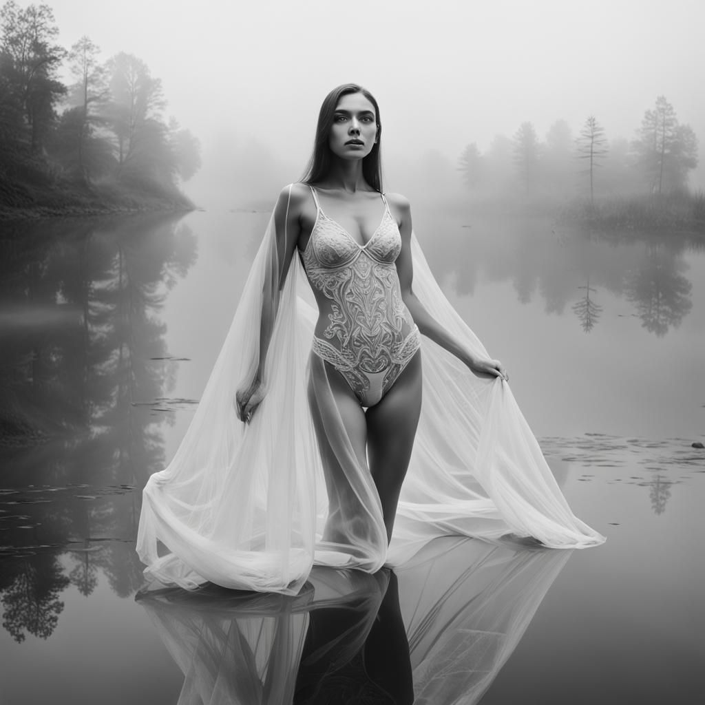 Woman in Silk Lingerie by Foggy Lake