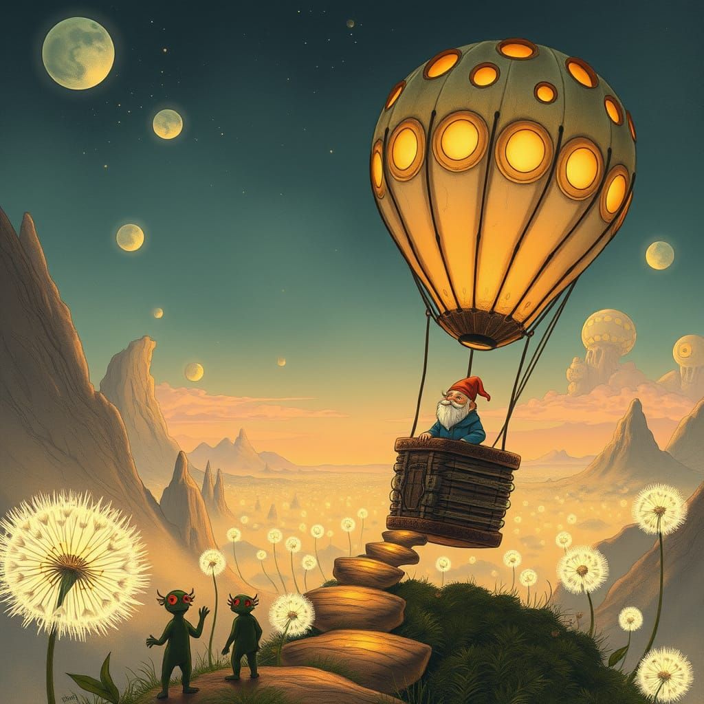 Gnome's Mushroom Balloon Flight Across Alien World