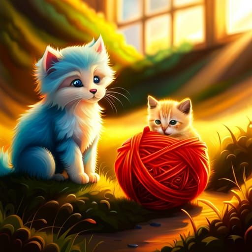 Red Kitten and Blue Puppy Play: Digital Matte Painting