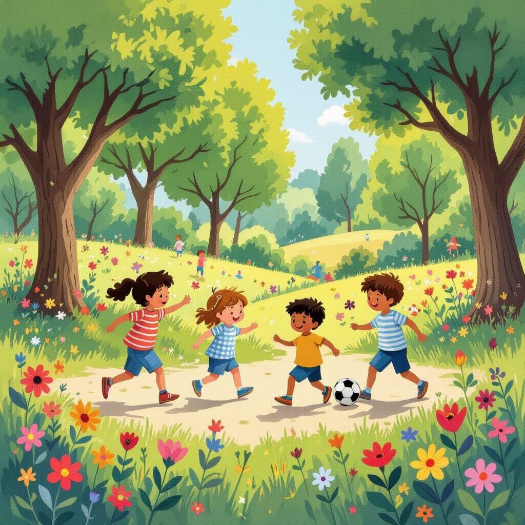 Children's Games in a Whimsical Park Illustration