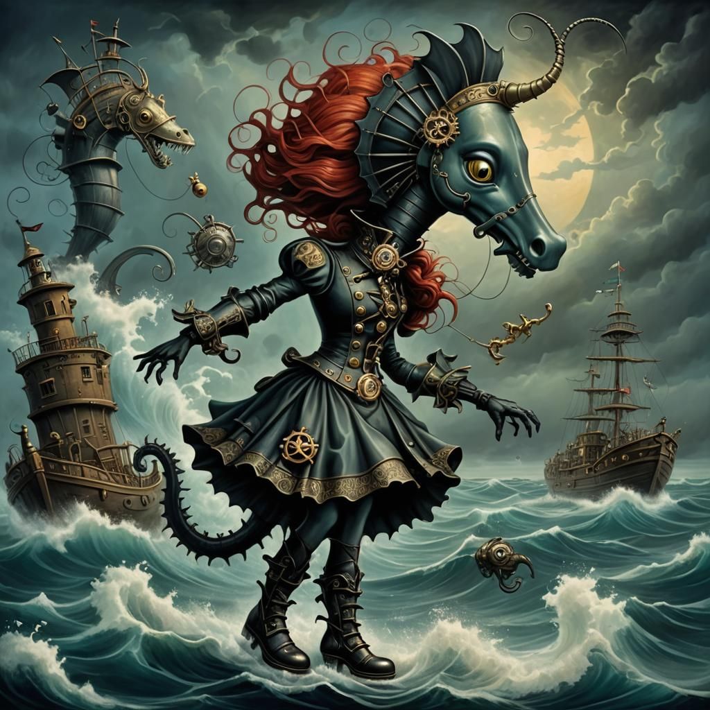 Steampunk Cinderella and Seahorse in Stormy Sea