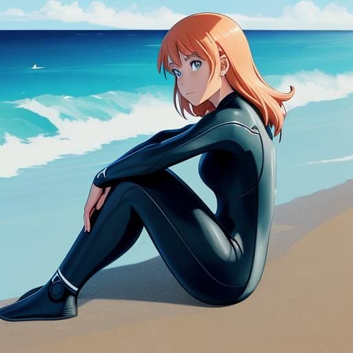 Female Surfer on Beach in Anime Style
