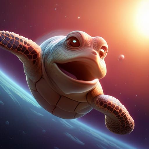 Close-up of an adorable turtle floating in space, awwChang, CGSociety, Illumination, Lou Xaz, Pixar, super sharp, high f...