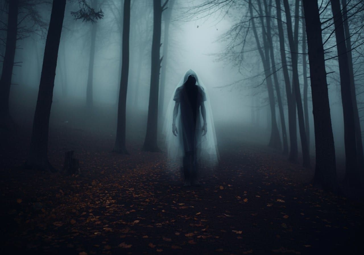 Ghostly Wendigo in Foggy Forest: Dark Fantasy Art