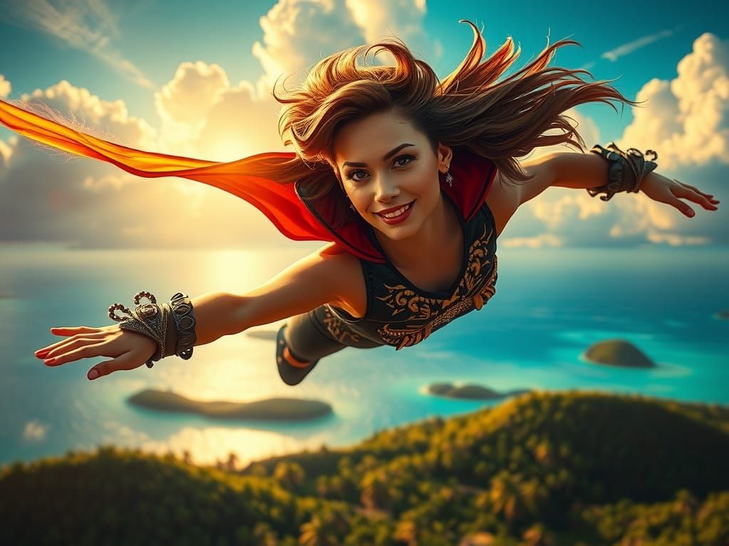 Superhero Soaring Over Tropical Island Paradise