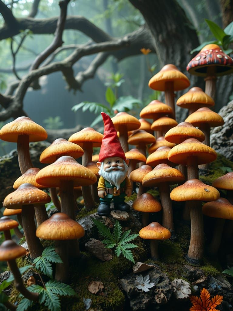 Whimsical Gnome Amidst Vibrant Mushrooms in a Fantastical Ju...