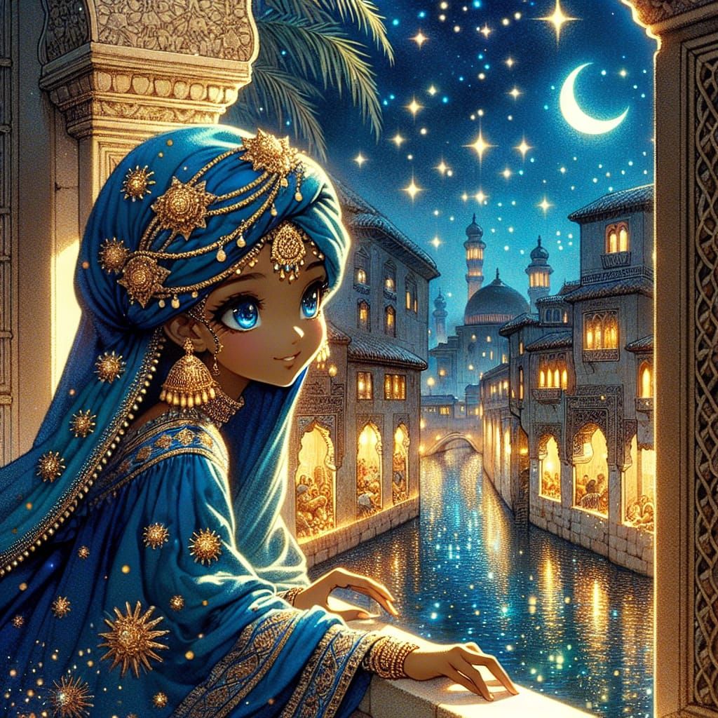 Young African Girl Leans Out Renaissance Palace Window on Mo...