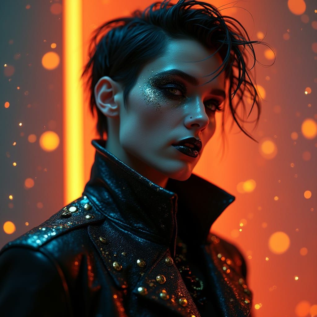 Ethereal Goth Masculine Figure in Neon Lighting