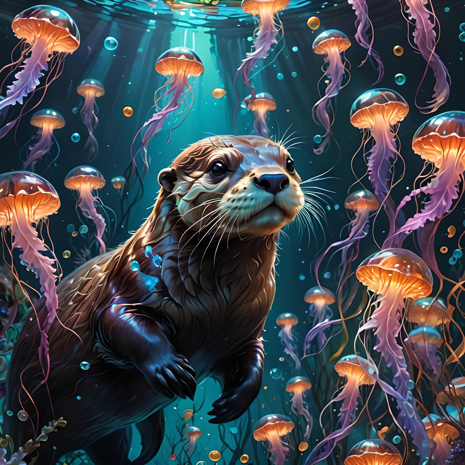 Bioluminescent Otter Swimming in a Magical Sea