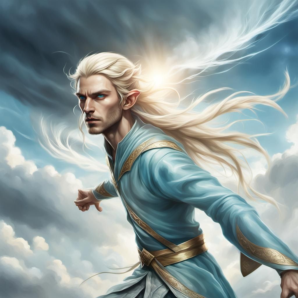 Elf Man Hovering in Windy Sky: Digital Art