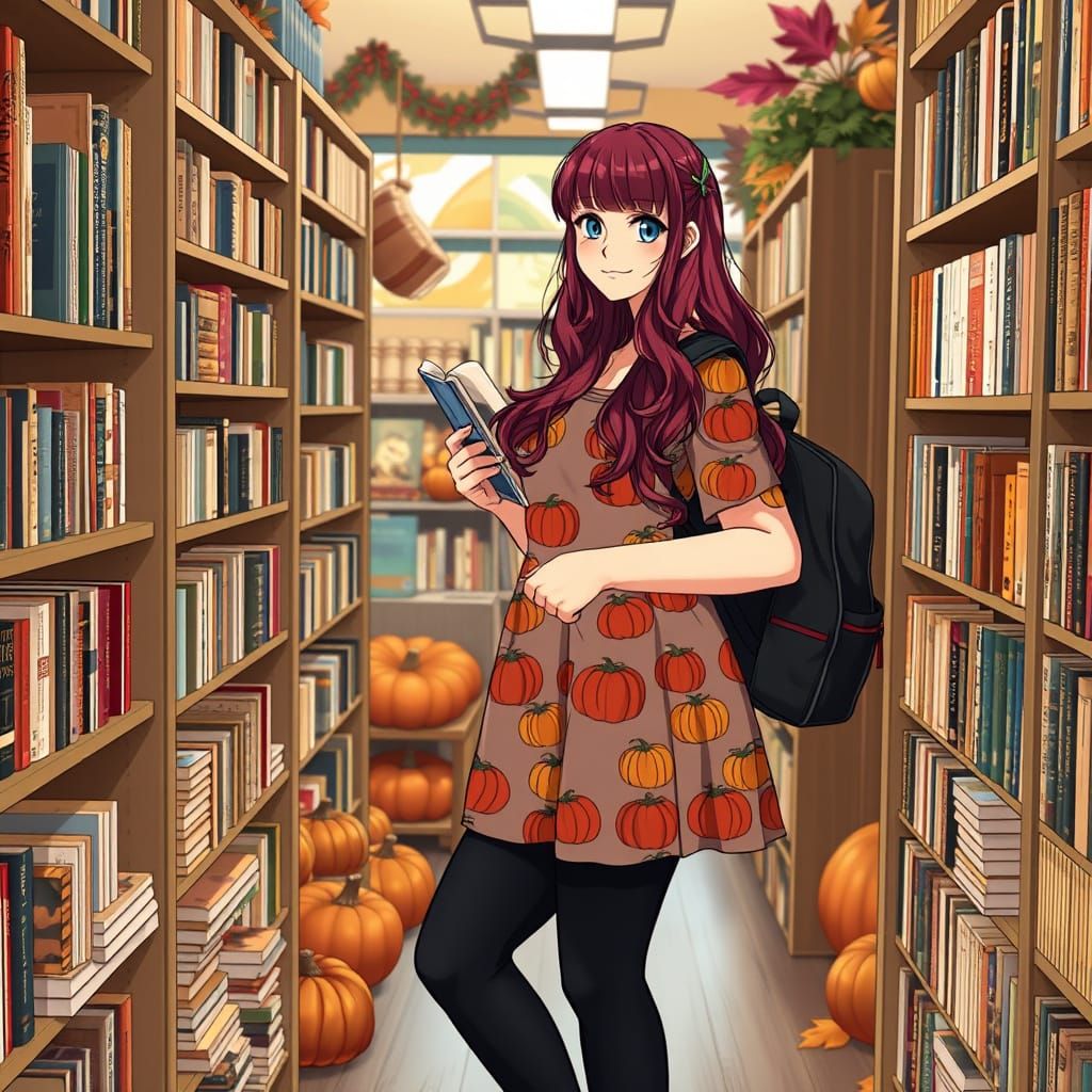 Curvy Woman Browsing Books in Cozy Fall Decor