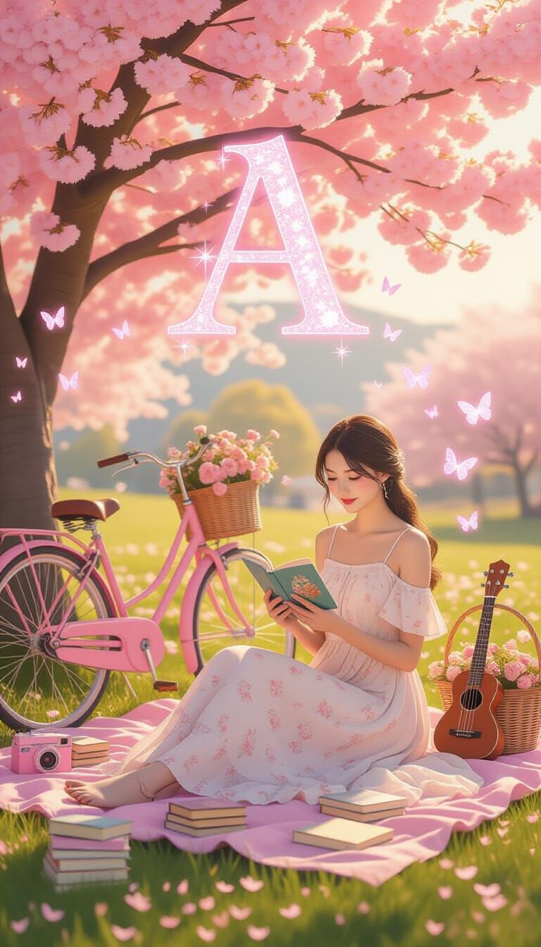 Spring Scene with Woman Reading Under Cherry Blossoms