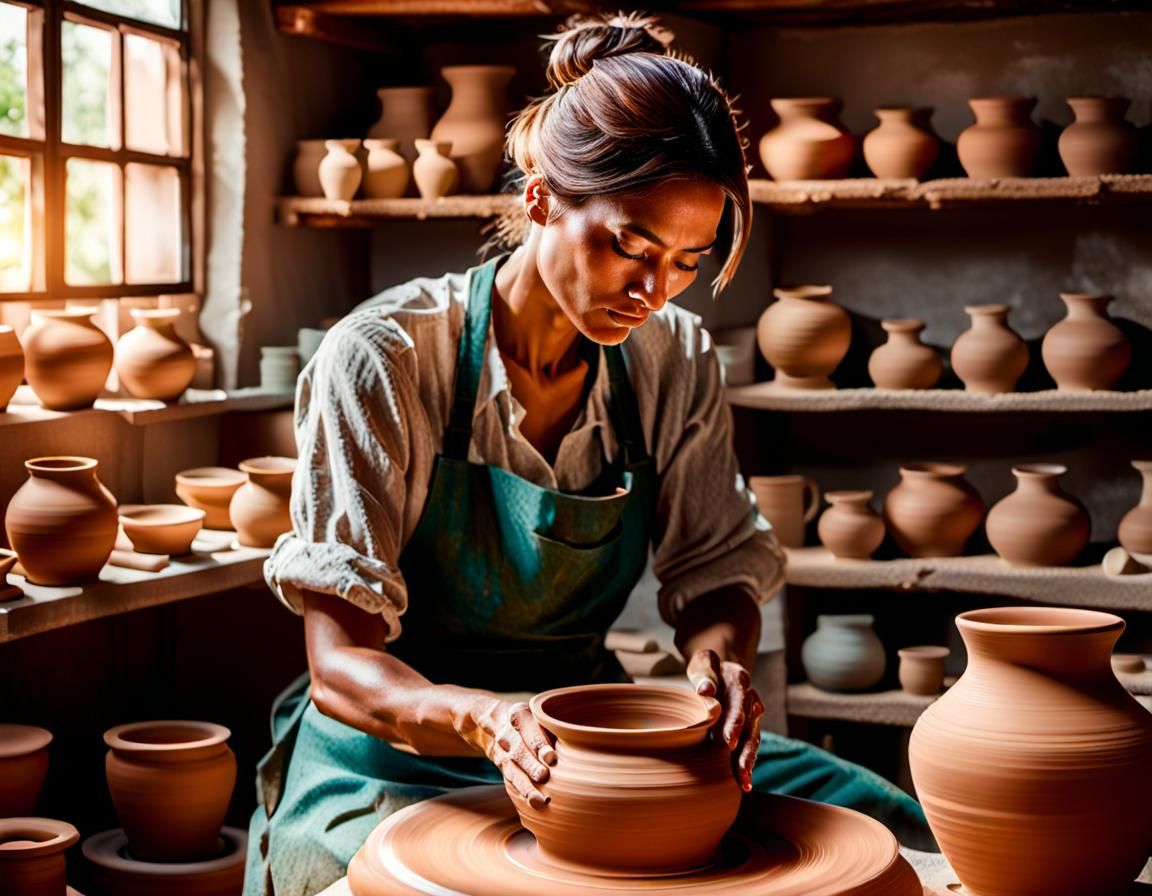 Young Potter Crafting Ceramic Pot in Natural Light