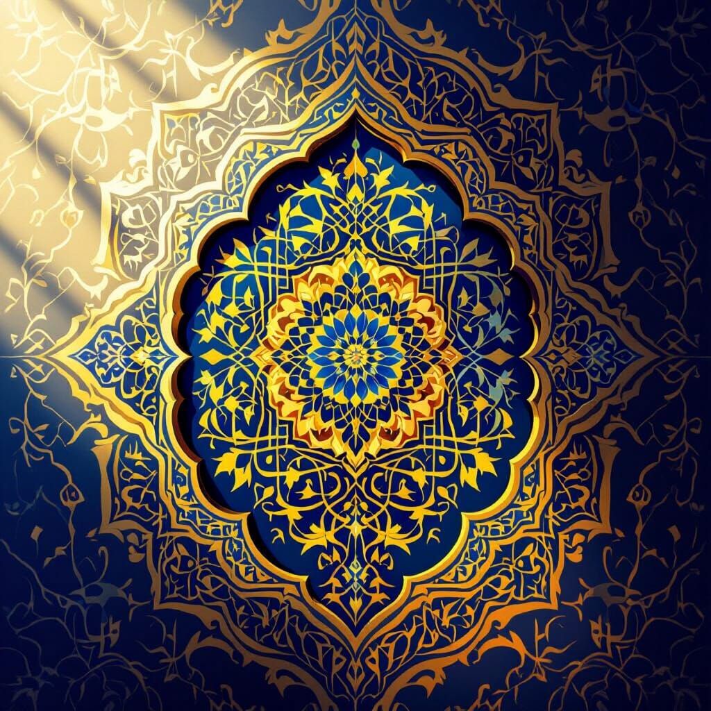 Persian Tilework Digital Art: Blue & Gold
