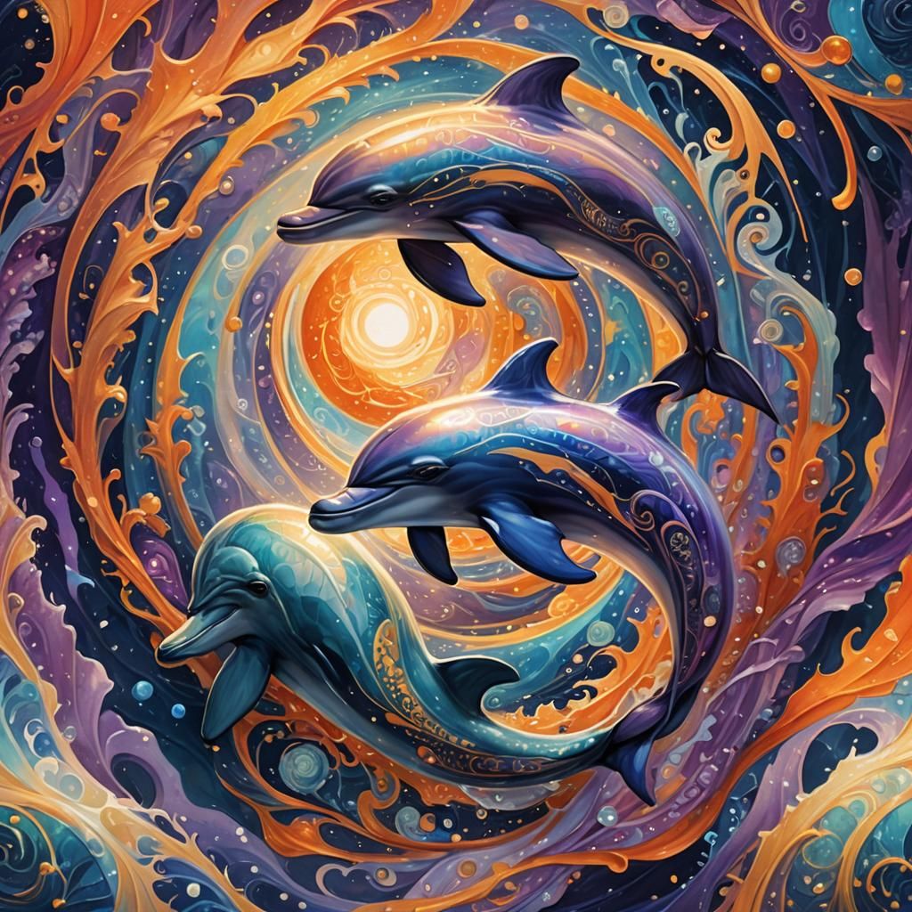Dolphins Create Yin Yang Symbol in Surreal Ocean