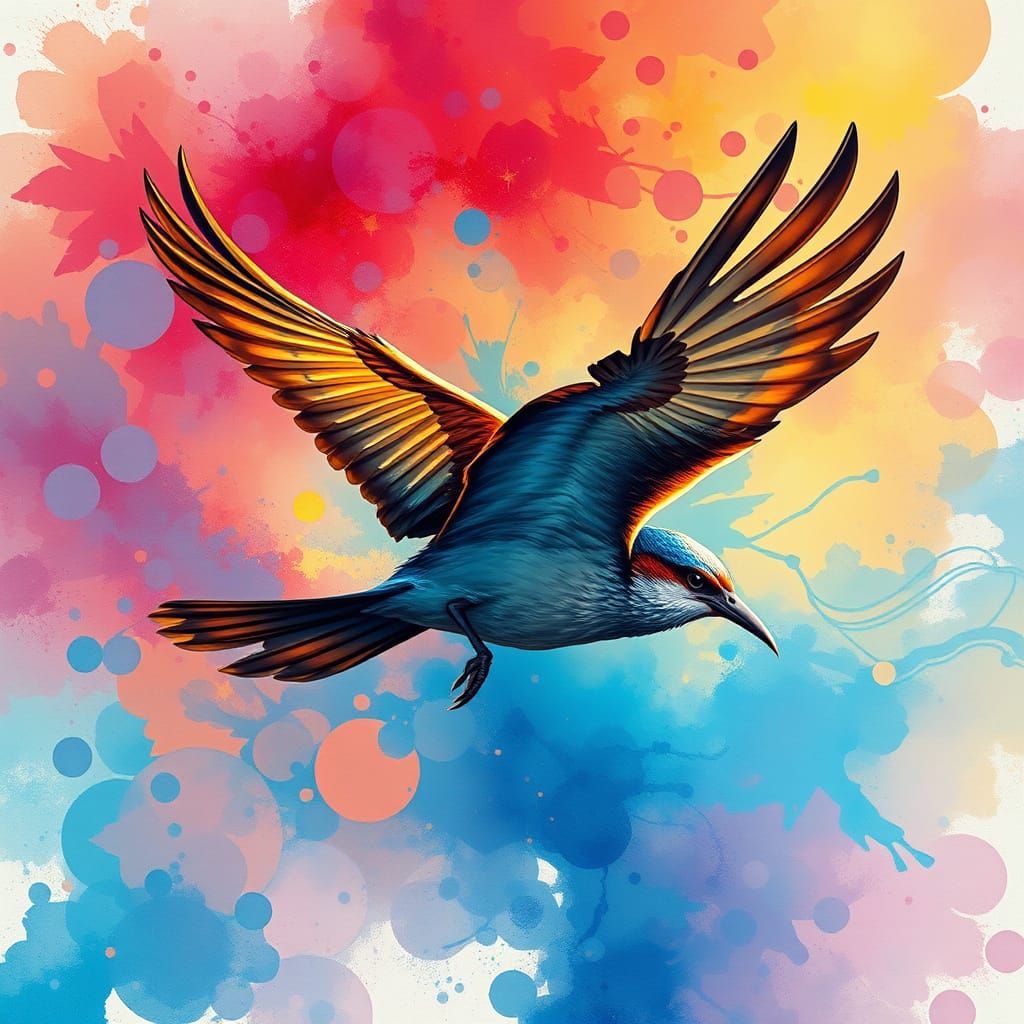 Bird Dissolves into Vibrant Watercolor Swirls in Abstract Co...