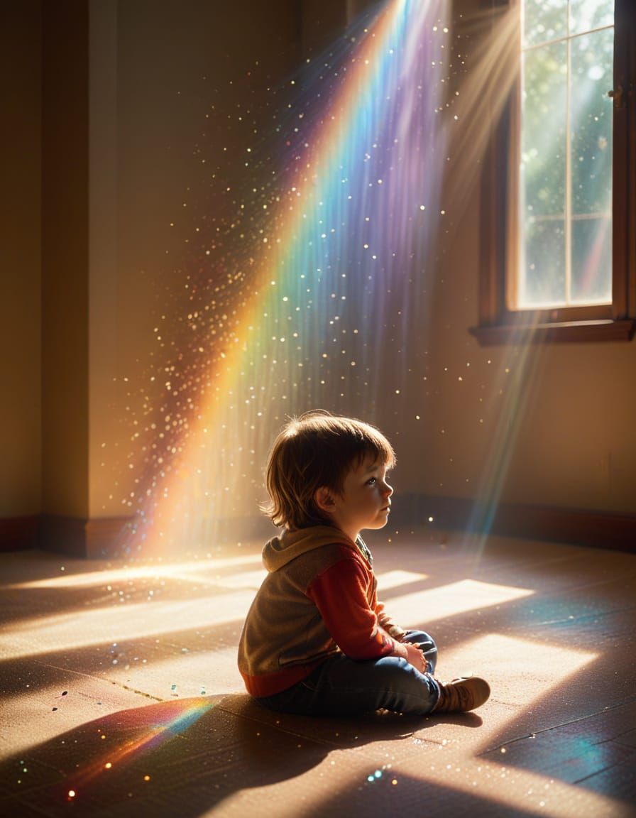 Child Gazing at Rainbow Prism in Sunlight