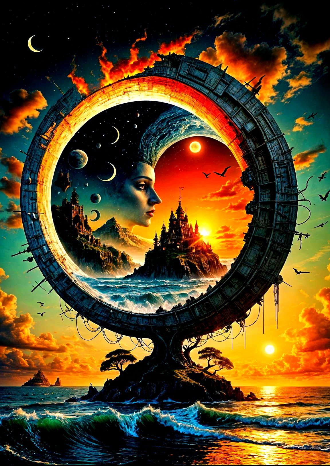 Surreal Stargate Cloudscape with Bonsai and Lighthouses