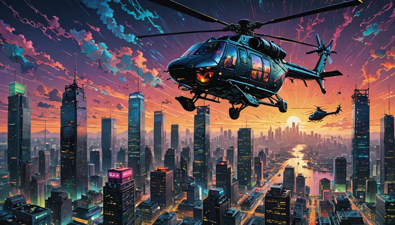 Psychedelic Cyberpunk Helicopter over Cityscape