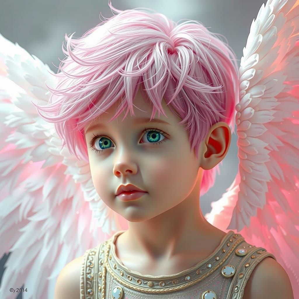 Hyper Realistic Angel Boy with Vibrant Pink Hair and Wings