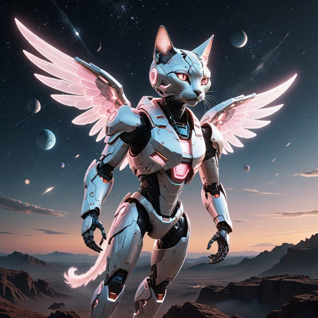 Luminous Guardian Robot Cat with Wings of Light