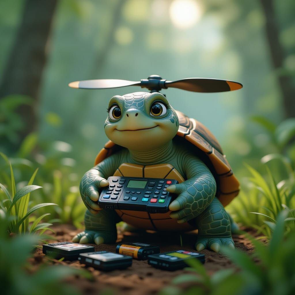 Turtle with Propeller and Remote Controls in Rainforest