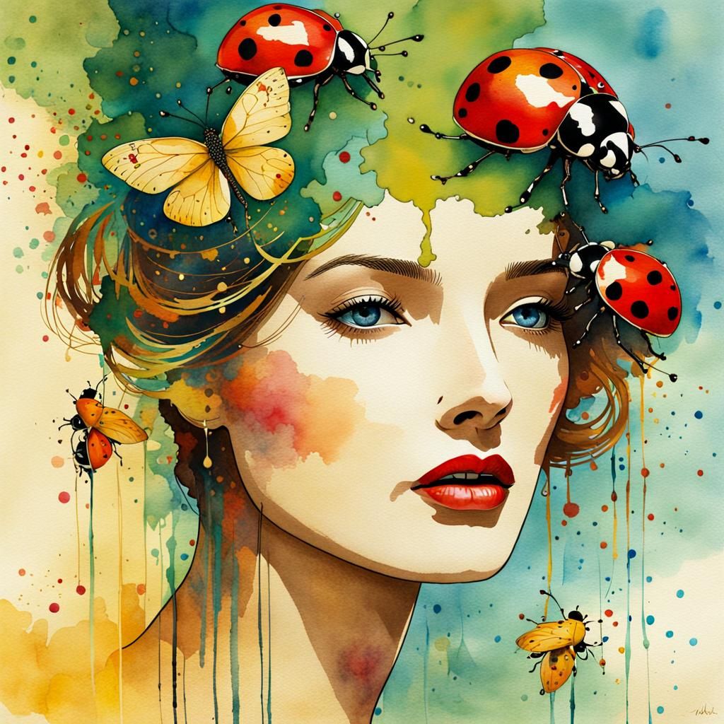 Ladybug Double Exposure in Watercolor Ink Style