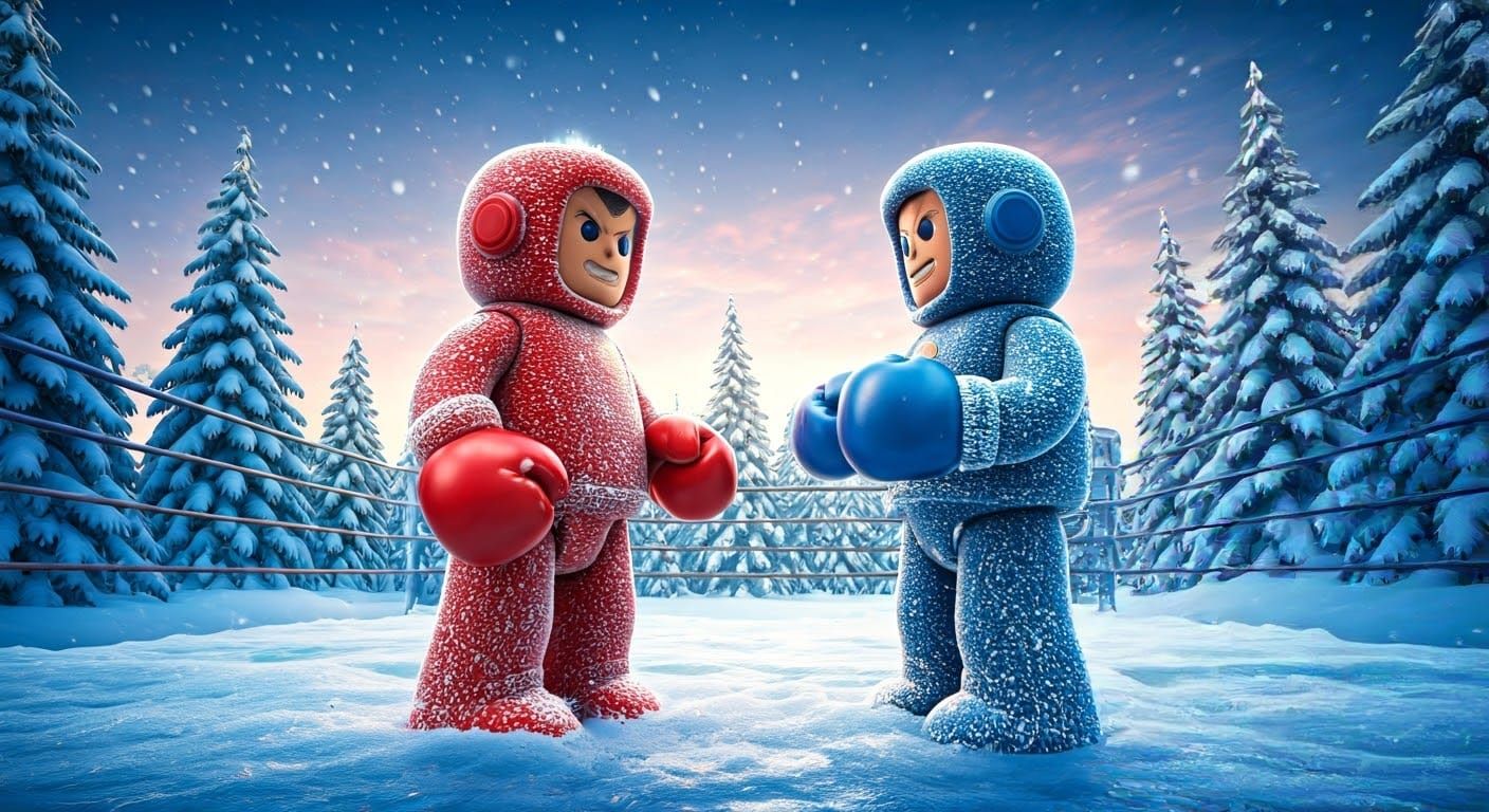 Menacing Toy Robots Face Off in Whimsical Winter Arena
