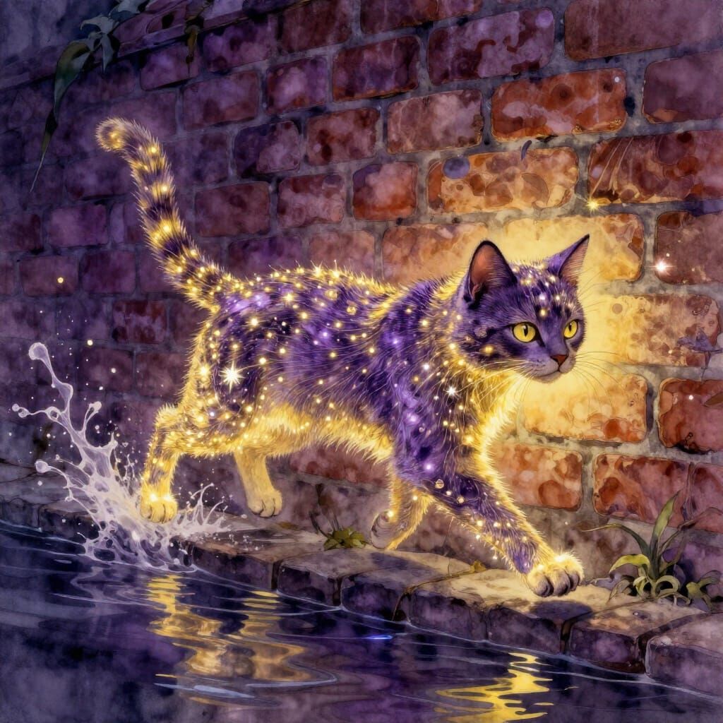 Shimmering Light Cat Runs Brick Wall in Watercolor Style