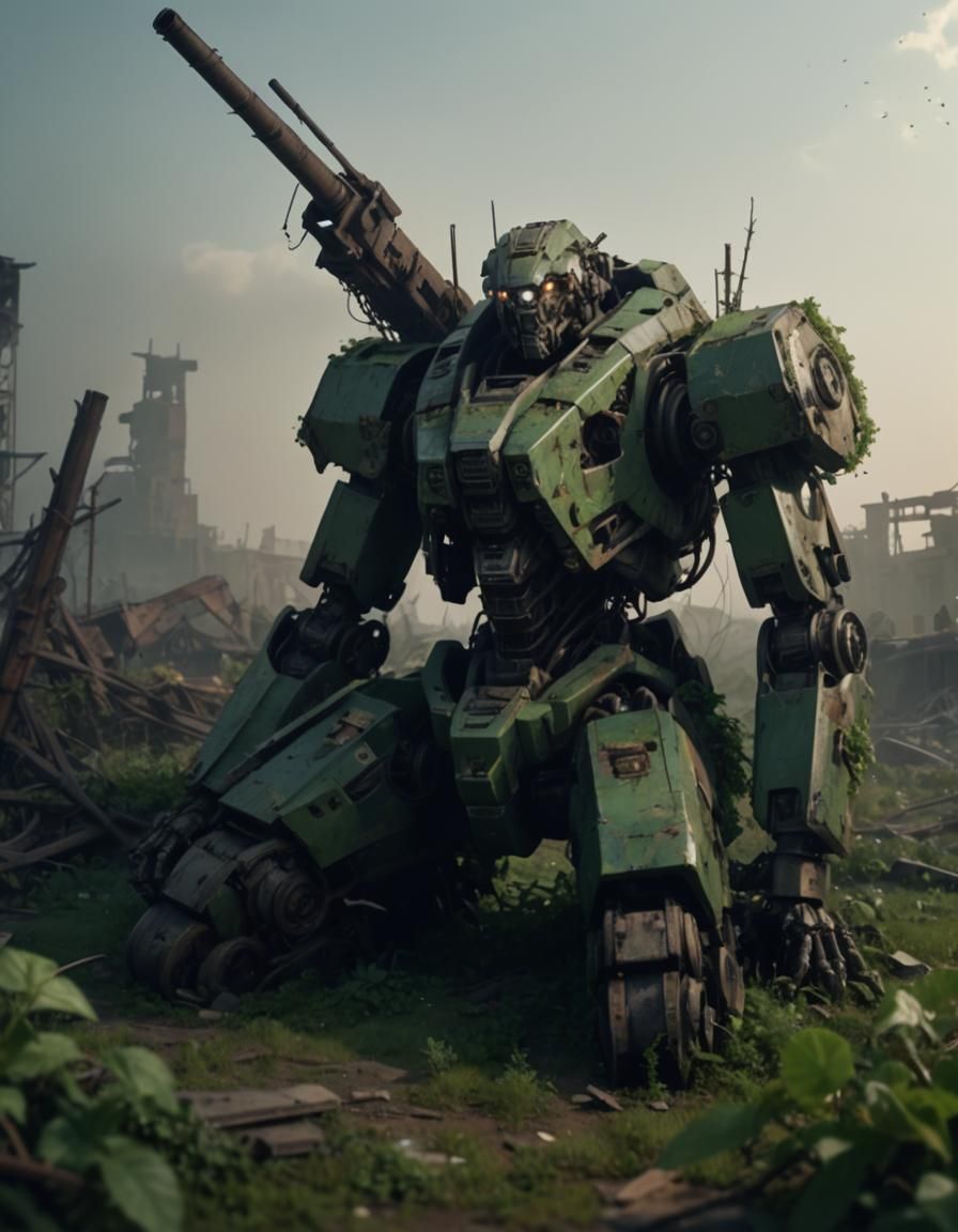 Destroyed Mech in Dystopian Post-Apocalyptic Landscape