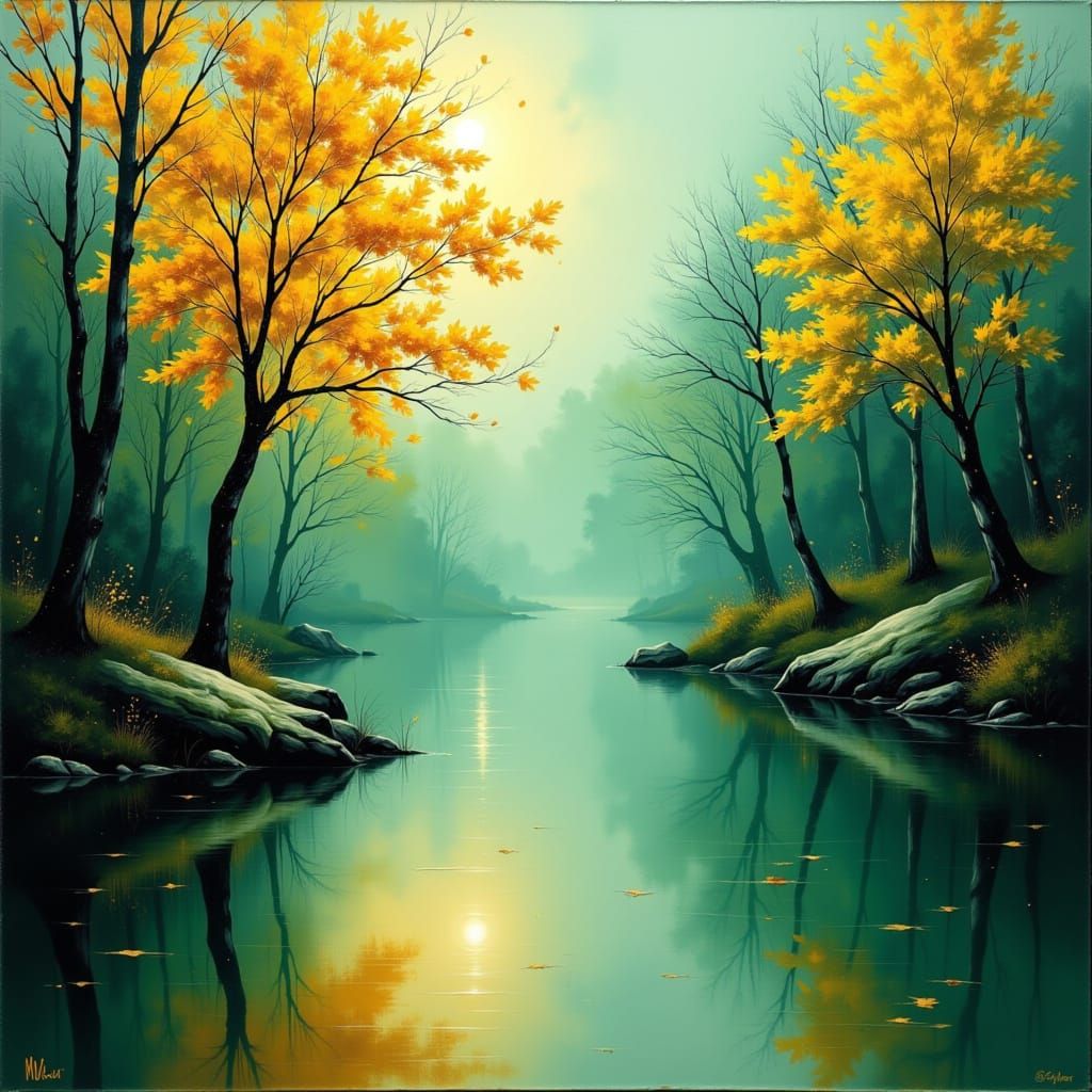 Trees by the Lake, Metallic Gold Leaf and emerald