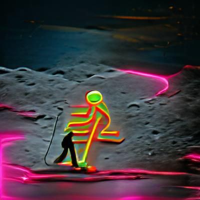 Neon Figure Walks on Lunar Surface