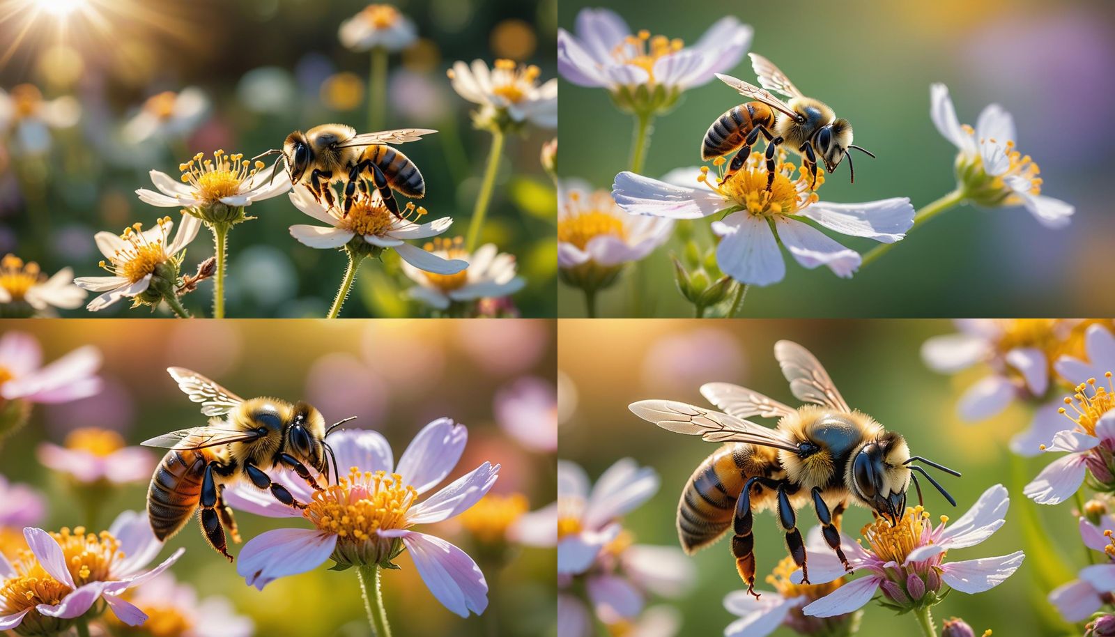 Bee Gathering Nectar Among Flowers, Professional Photography