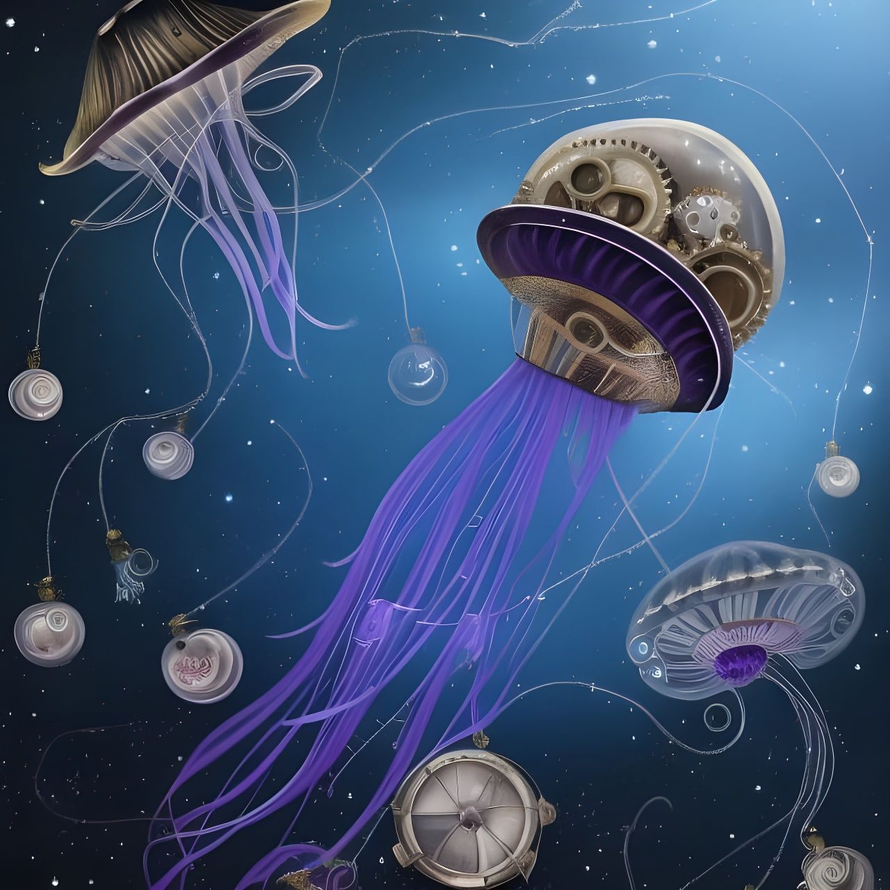 Steampunk Jellyfish Drifting Through Stellar Seas