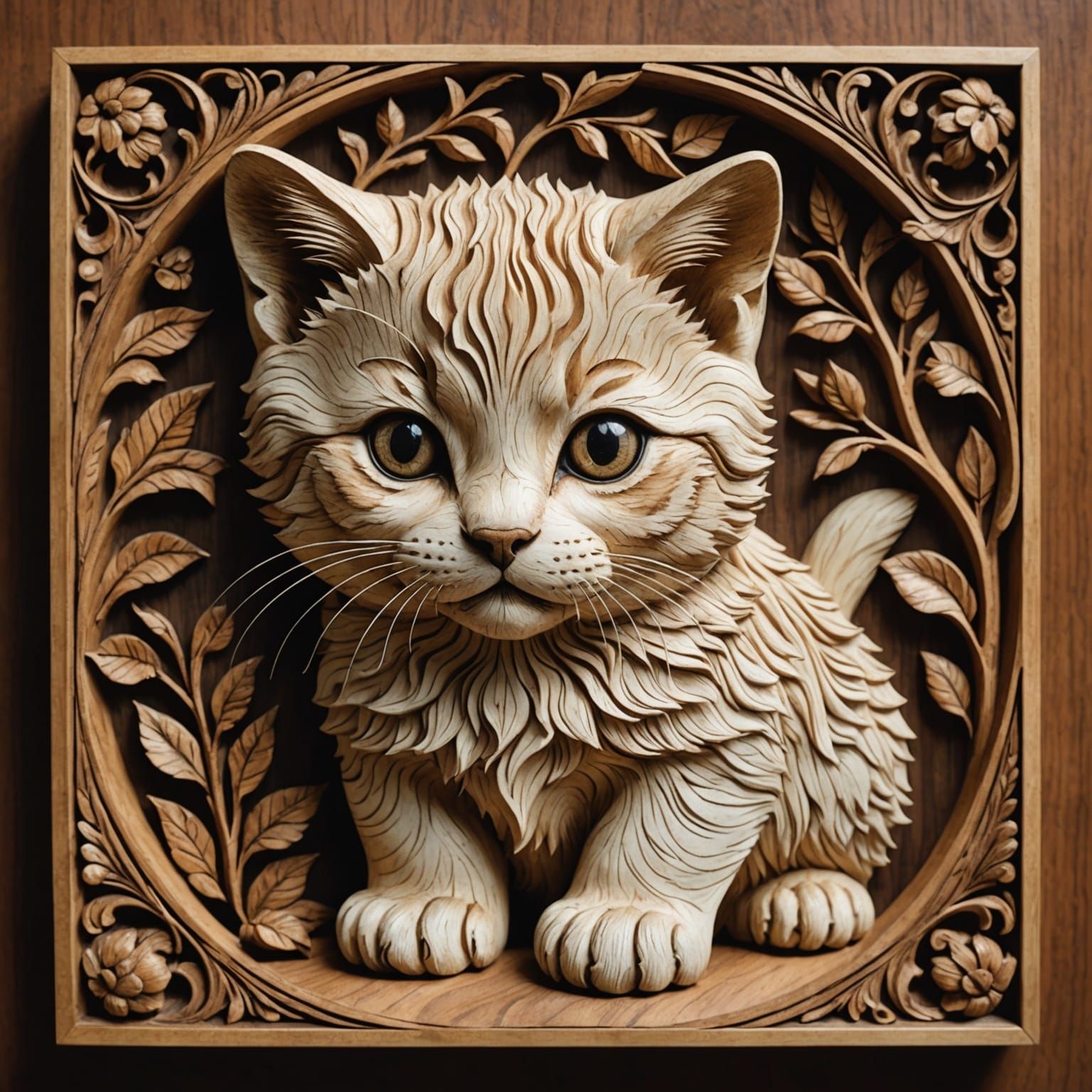 Wood Relief Carving of a Cat Puppy