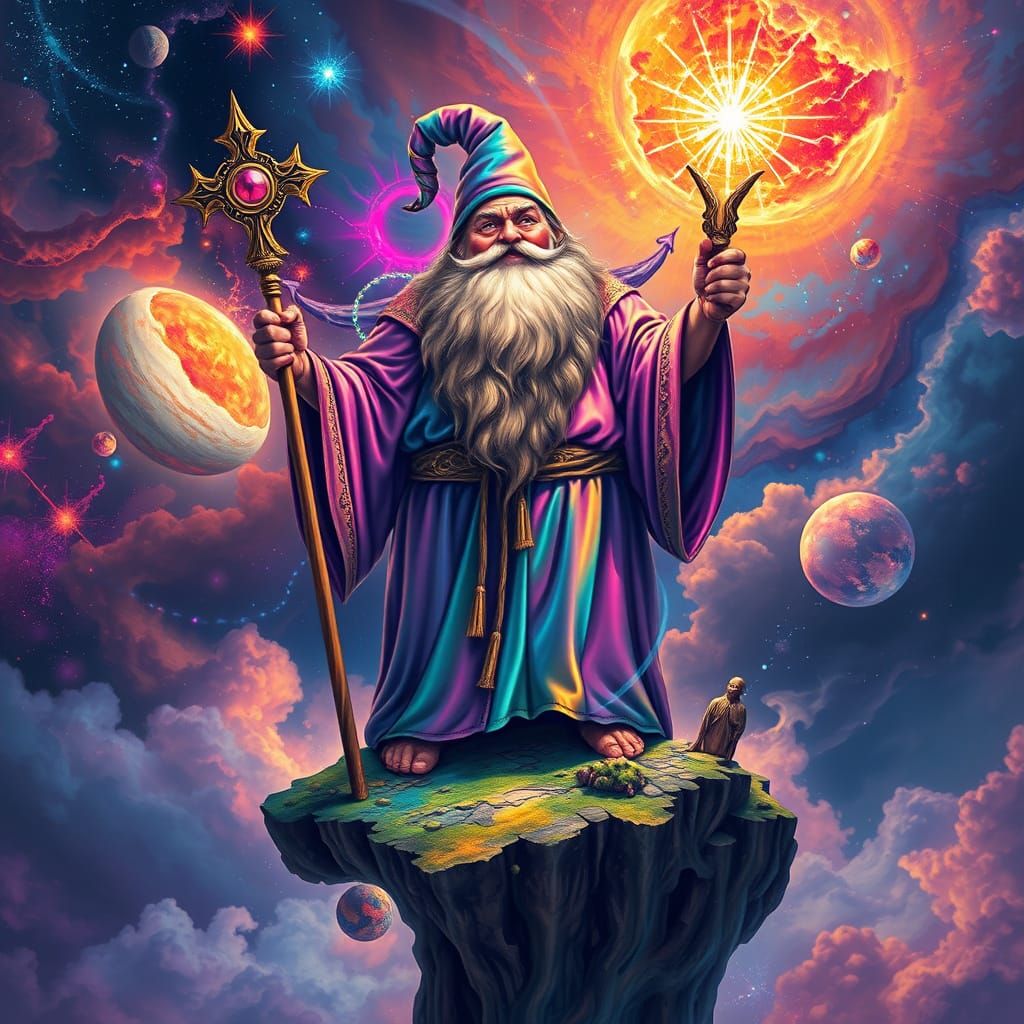 Psychedelic Wizard on Floating Island with Cosmic Staff