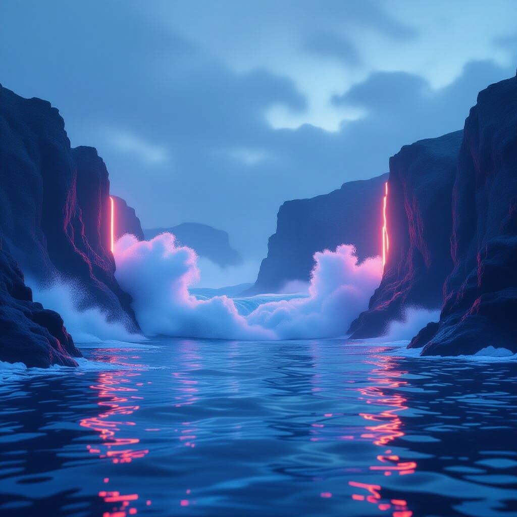 Vibrant 3D Ocean Waves on Glowing Cliffs, Neon Reflections