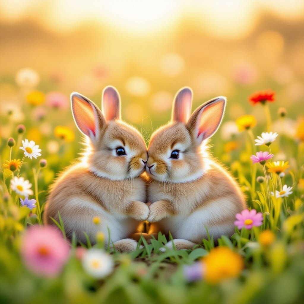 Two Fluffy Bunnies in a Wildflower Meadow at Golden Hour